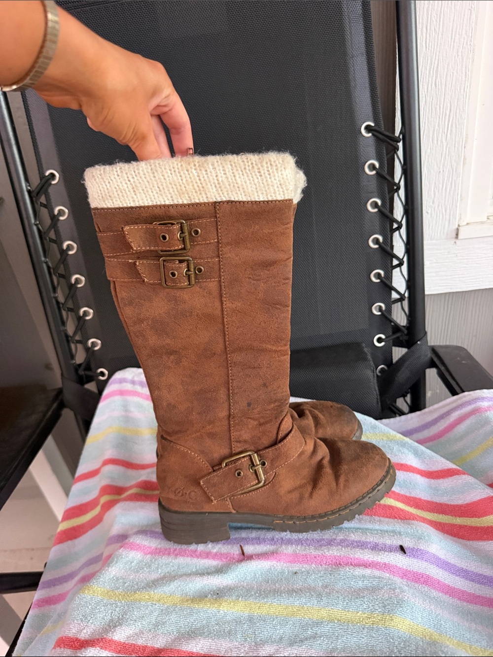 boc Brown Suede Knee-High Boots with Cream Knit Cuff